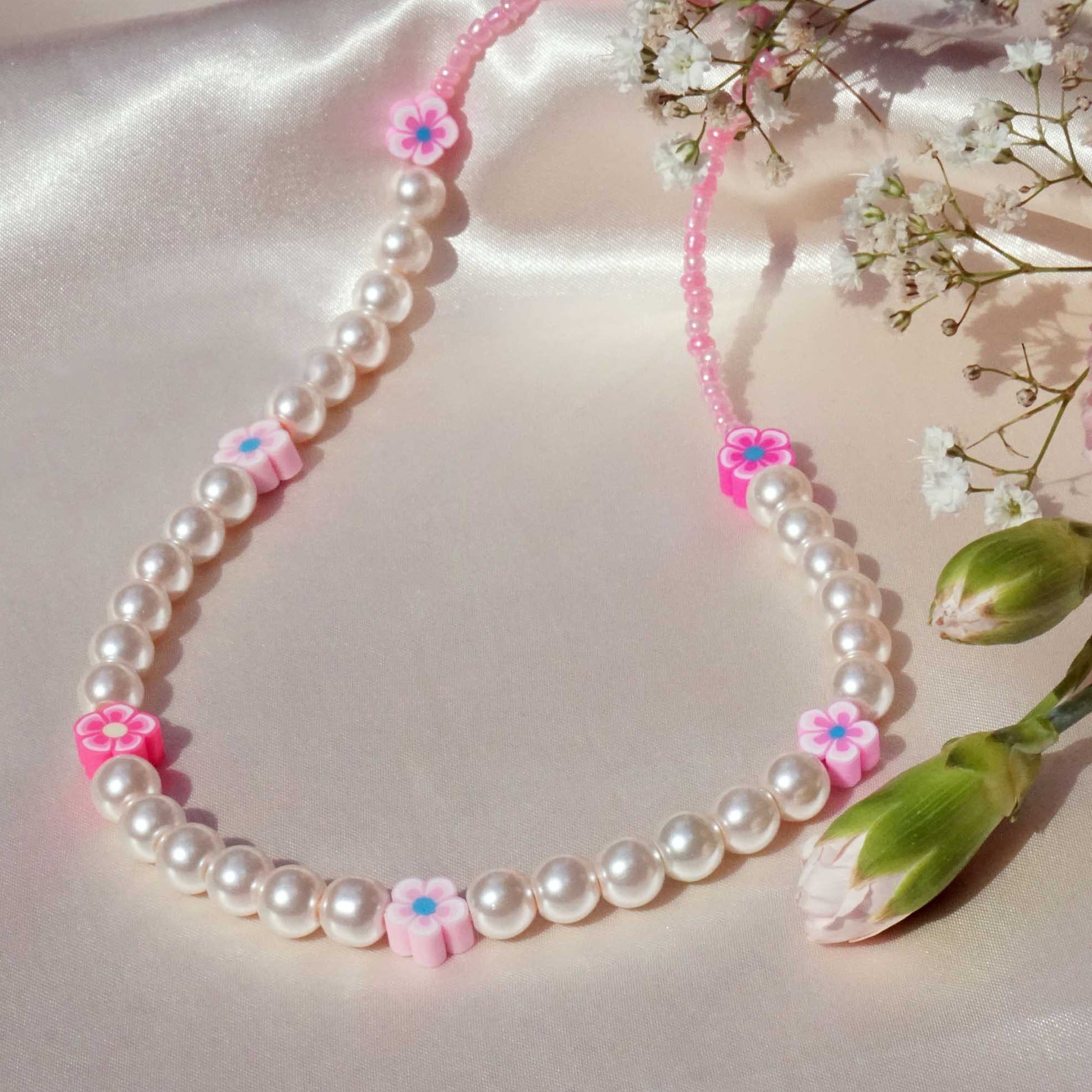 ★PEARLY MORE★ Rose Blossom Necklace Cherry Blossom Necklace - Ceramic Flower Rose Gold Neckalce